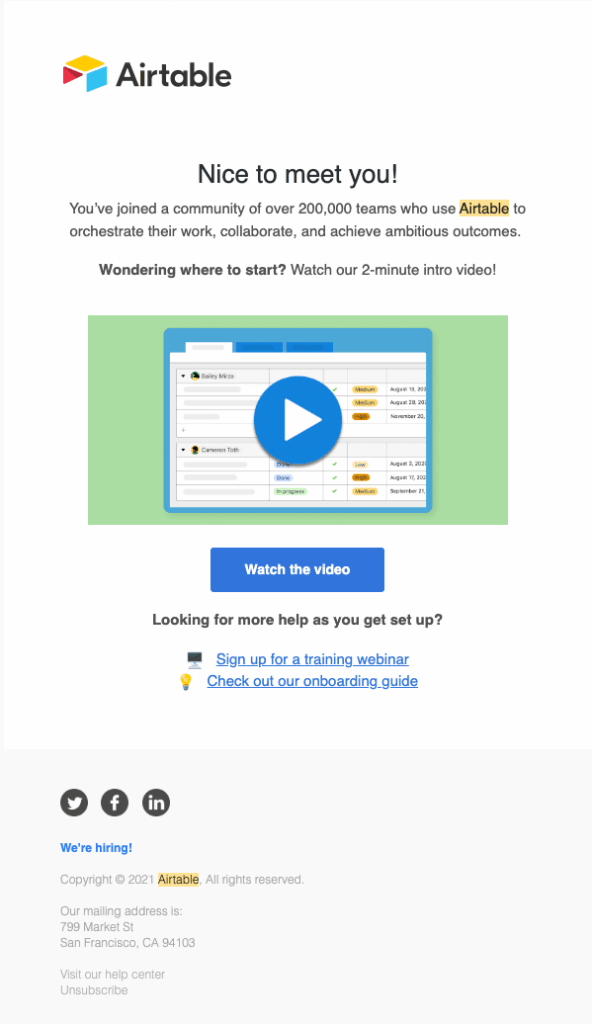 Airtable welcome email